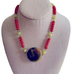 Green & Brown Agate Stone Necklace with Orange & Green Crystal Beads. - …